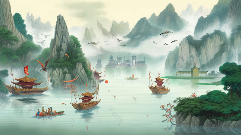 壮丽山河湖泊船帆滑行水墨古风背景,插画/手绘图,插画/手绘图库,插画/手绘图下载,插画/手绘